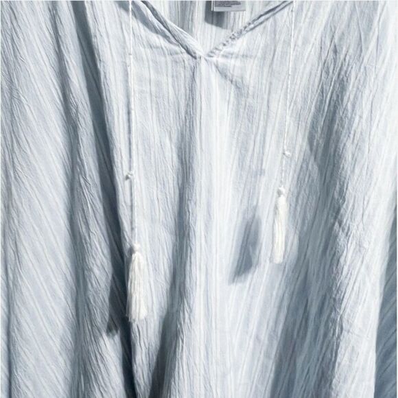 NYDJ Smocked Stripe Tassel Kaftan Embroidered Tunic Top Large Blue Boho Cover Up - Picture 3 of 4